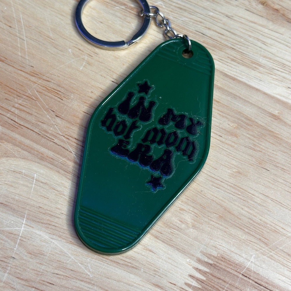 In My Hot Mom Era Retro Motel Keychain Forest Green Vintage Style Key Fob